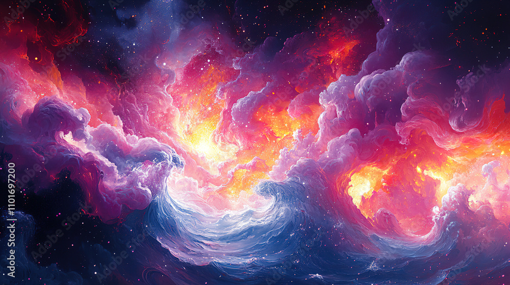 Poster Vibrant cosmic clouds and waves illuminated by fiery hues in a surreal space scene at twilight. Generative AI