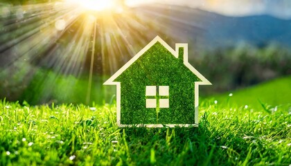 Conceptual representation of a green home showcasing eco-friendly design principles, sustainable energy use, and environmentally conscious living with natural greenery and innovative