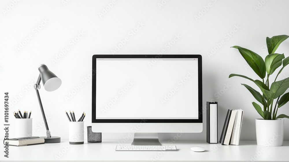 Aufkleber office background table workplace with computer with laptop copy space white background
