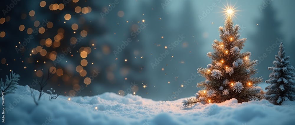 Poster a glowing christmas tree in snowy landscape with soft lights and sparkling bokeh
