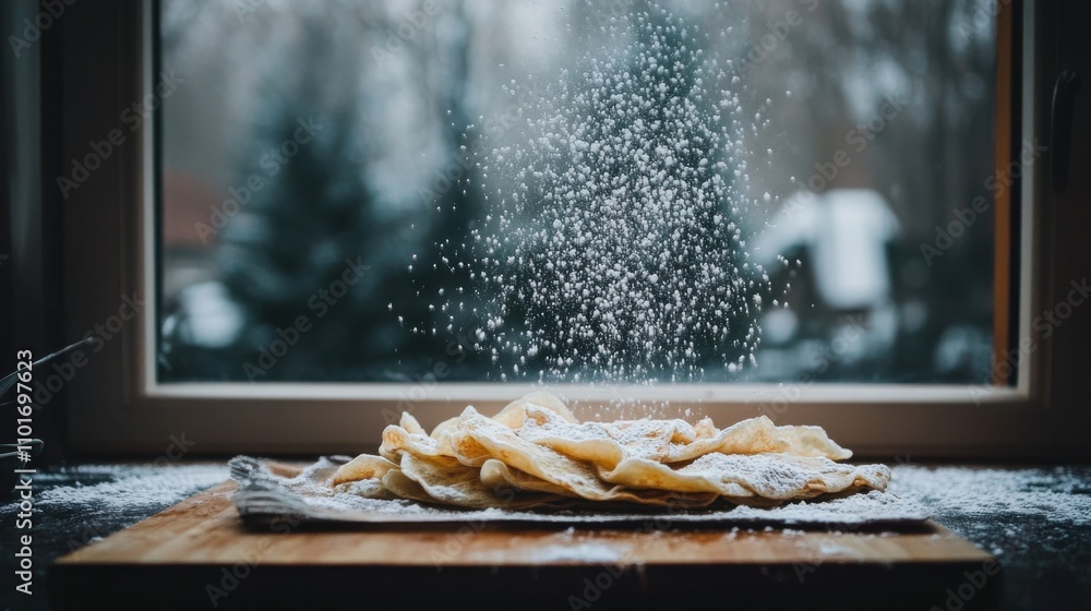 Poster delicious stack of golden pancakes dusting with powdered sugar against a cozy winter background by t