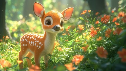 Forest Fawn: A charming, digitally rendered fawn amidst a vibrant bloom of orange flowers in a sun-dappled forest clearing. Captivating cuteness and serene natural beauty.