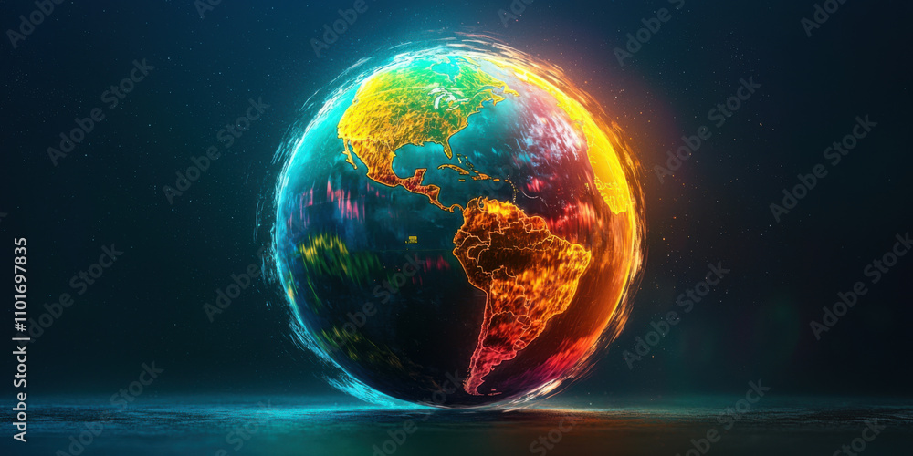 Poster 3d globe visualizing temperature changes over decades, showcasing vibrant colors and dynamic