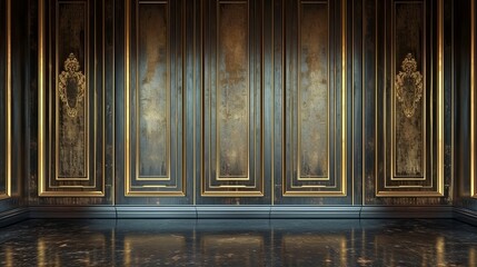 Dark wood wall with gold accents and ornate details.  Elegant and luxurious interior design.