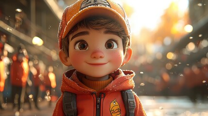 Cheerful Boy Exploring the Vibrant City Streets at Sunset