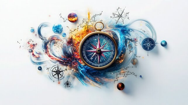 artistic representation of a compass surrounded by swirling celestial maps and astrological symbols on a white background, blending science with art.