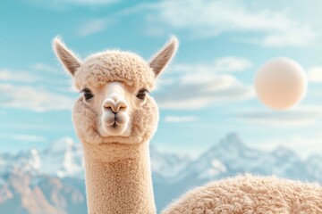 Obraz premium Fluffy alpaca against a serene mountain backdrop with a blurred sphere