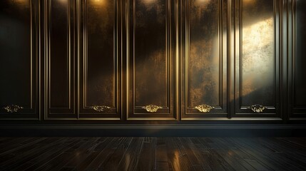 Dark wood paneling with gold accents creates a sophisticated and elegant interior.