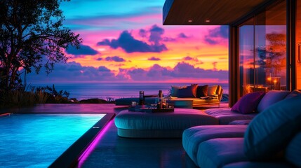 Fototapeta premium Luxurious poolside lounge with ocean view at sunset featuring vibrant colors and modern decor