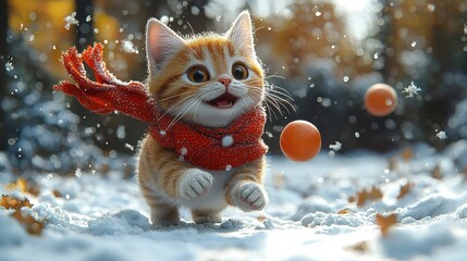 Cheerful Kitten Frolicking in Snowy Christmas Scene with Festive