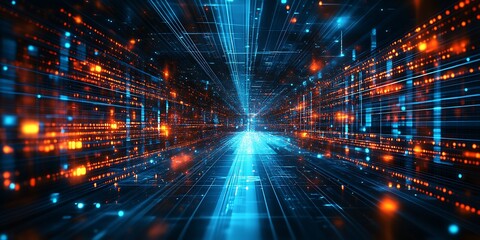 Fototapeta premium Abstract digital tunnel with glowing lines and data streams.