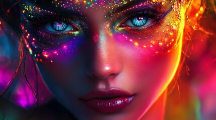 A stunningly vibrant image of a female dancer enveloped in the ethereal glow of neon lights. Her captivating gaze and elaborate fluorescent makeup create a mesmerizing portrait of beauty