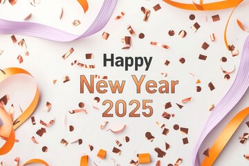 Minimalist New Year banner with pastel lavender and pastel orange  streamers, scattered copper confetti, "Happy New Year" in a small artistic font, and "2025" in bold, sleek letters