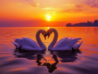 Fototapeta premium A romantic sunset landscape featuring two elegant swans with their necks curved towards each other, forming a perfect heart shape
