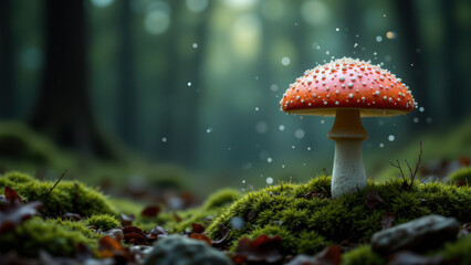 Fototapeta premium A vibrant mushroom with a captivating aura growing on a mossy forest floor.