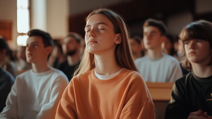 Group of young people meditating during a mindfulness session in a pleasant indoor setting