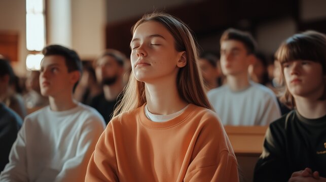 Group of young people meditating during a mindfulness session in a pleasant indoor setting