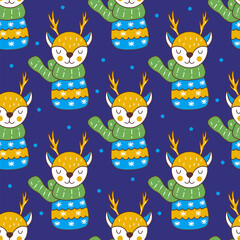 Seamless Christmas pattern with cute deer in green scarf and winter sweater with snowflakes on blue background. Colorful vector illustration hand drawn doodle. New Year time, holiday vibe