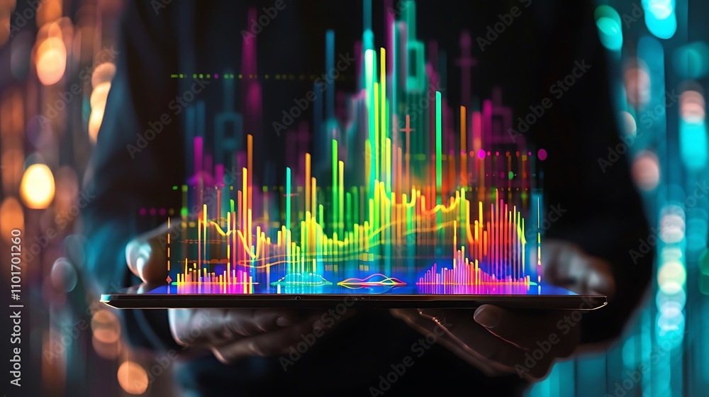 Poster a person holding a tablet displaying vibrant, colorful data visualizations representing analytics an