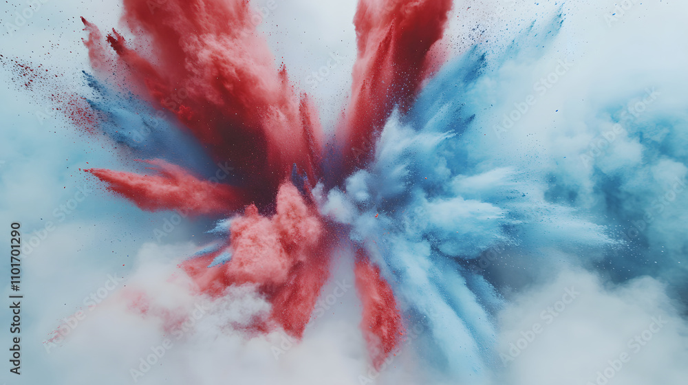 Poster a vibrant explosion of red and blue powder creating a dynamic visual effect.