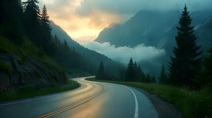 A Serene Mountain Landscape with a Winding Road