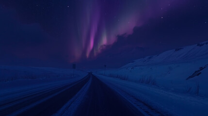 Fototapeta premium Majestic Northern Lights Illuminating a Snowy Road Under a Starry Sky.