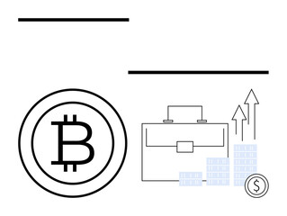 Bitcoin symbol alongside a business briefcase, bar graph with upward arrows, and stacked coins. Ideal for finance, investment, cryptocurrency, business growth, financial planning, digital economy