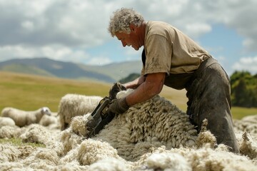 Shepherd shearing sheep, fleece flying, sunny day.
