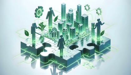 Flat Holographic Puzzle Pieces Assembling Futuristic Green City Concept with Glowing Innovation Lines