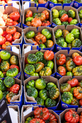 Red and green tomatoes in small boxes on the market