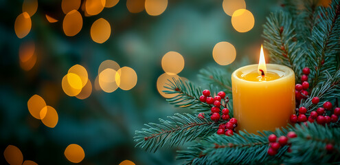 Burning candle with holiday greenery and festive bokeh lights