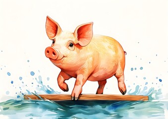 A charming watercolor of a pig exploring a small wooden bridge surrounded by nature.