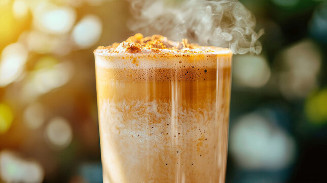 warm golden milk latte with steam rising, showcasing creamy texture and topped with spices, evokes cozy and inviting atmosphere