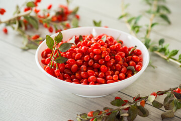fresh ripe red goji berries in a bowl on a wooden table