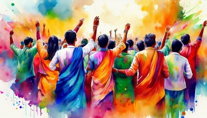 Obraz premium indian people celebrate holi festival, painted watercolor drawing art design