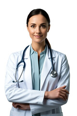 Fototapeta premium Female doctor portrait isolated on transparent background, Young woman with stethoscope