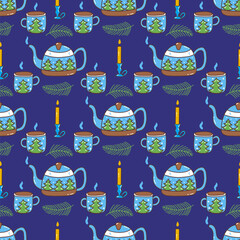 Seamless Christmas pattern with teapot and mugs with hot drink, burning candle in candlestick and spruce twig. Winter season. Blue background. Colorful vector illustration hand drawn doodle
