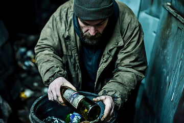 Homeless man looking for food and empty bottles in a trash can