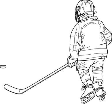 HOCKEY Kid, Child, Minor (Youth) Hockey Mite PLAYER back, skater figure from behind, white shape, silhouette, line drawing illustration, clear PNG transparent