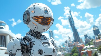 Fototapeta premium Futuristic Robotic Cyborg in Modernistic City Landscape
