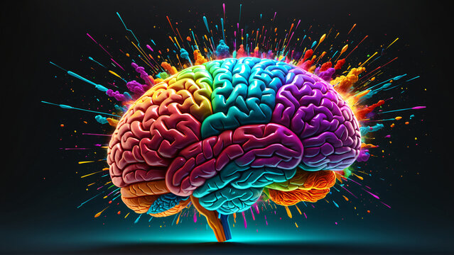 Concept art of a human brain exploding with knowledge and creativity