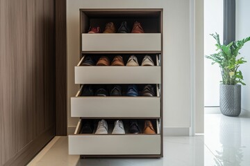 Modern shoe cabinet; neatly organized footwear.
