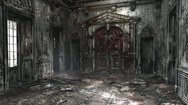 A creepy old room in an abandoned house, characterized by decay, destruction and creepy grunge architecture with broken walls and windows.