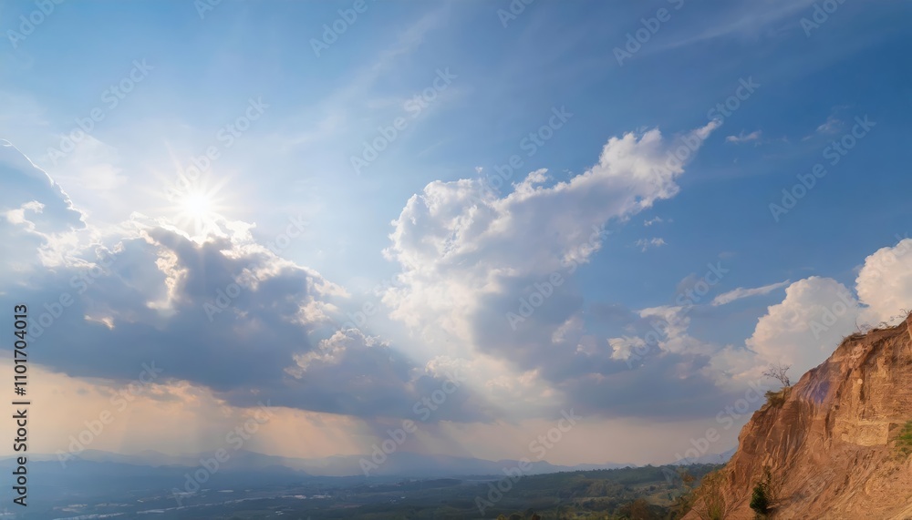 Poster a breathtaking image of the sky illuminated by sunlight, showcasing a deep blue canvas adorned with 