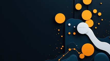 Abstract modern art with orange and white circular elements on a dark background featuring curves and lines