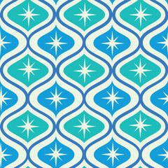 Mid Century modern atomic starburst on blue , teal ogee ovals seamless pattern. For home décor, wallpaper and textile
