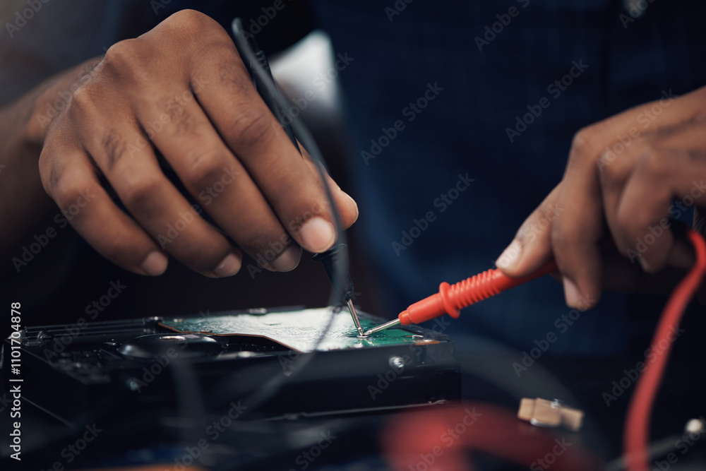 Poster circuit board, hands and soldering iron with computer engineer in office for maintenance or repair. 