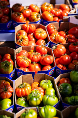 Sale of red and green tomatoes in small boxes on the market