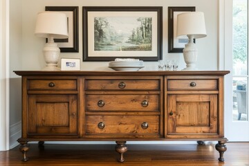 Wooden sideboard, lamps, framed art, dishes.