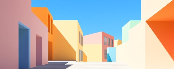 Fototapeta premium Vibrant pastel buildings under a clear blue sky. Architectural design, modern houses, colorful street scene. Ideal for real estate, travel, and design projects.